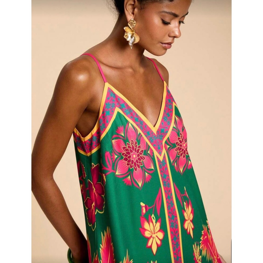 Tropical Green Pink Floral Palm Print Maxi Dress Handkerchief Hem Large - Picture 2 of 10